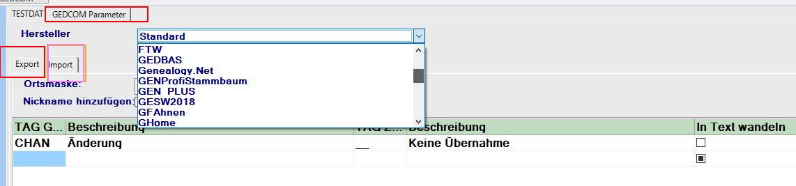 Einstellungen -Gedcom Parameter