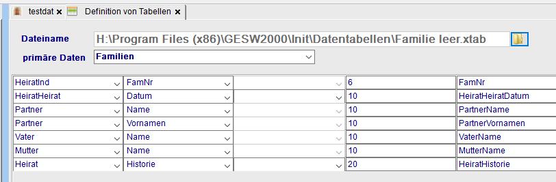 Datentabelle definieren