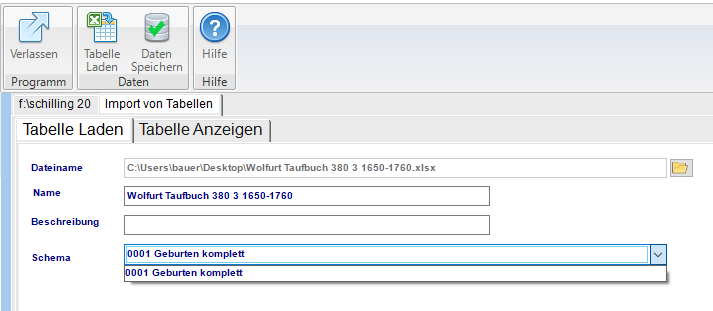 Tabelle gewählt