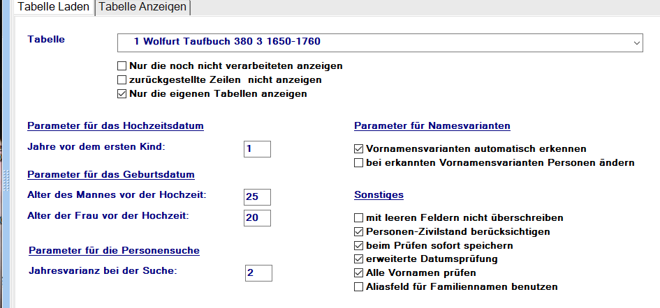 Tabelle anzeigen und laden