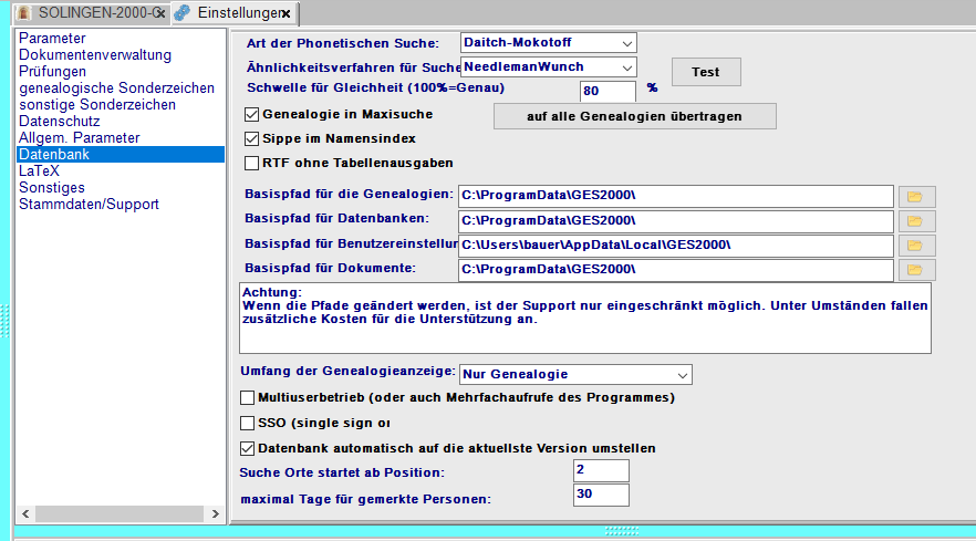 Einstellungen Datenbank