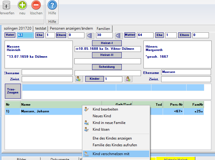 verschmelzen aus dem Familienformular