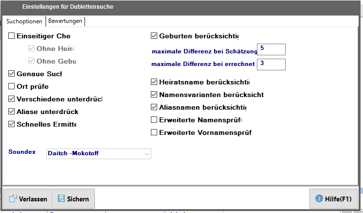 Dubletten - Suche - Einstellungen